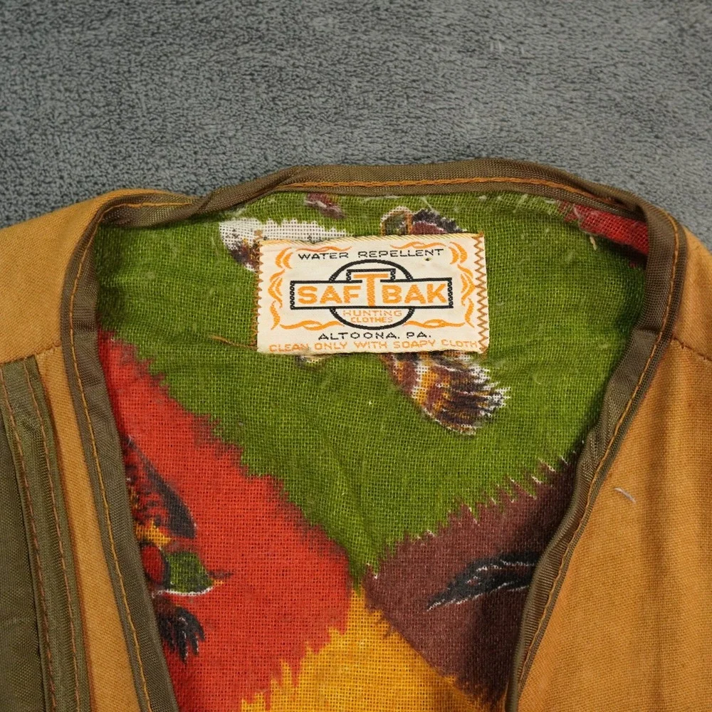 VTG Saftbak Hunting Vest Mens Large Brown Canvas Bird Print Lining USA Made 60's